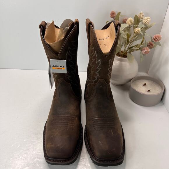 Ariat Groundbreaker Wide Square Toe Work Boots Mid Calf Brown Men's 11D - Picture 5 of 9